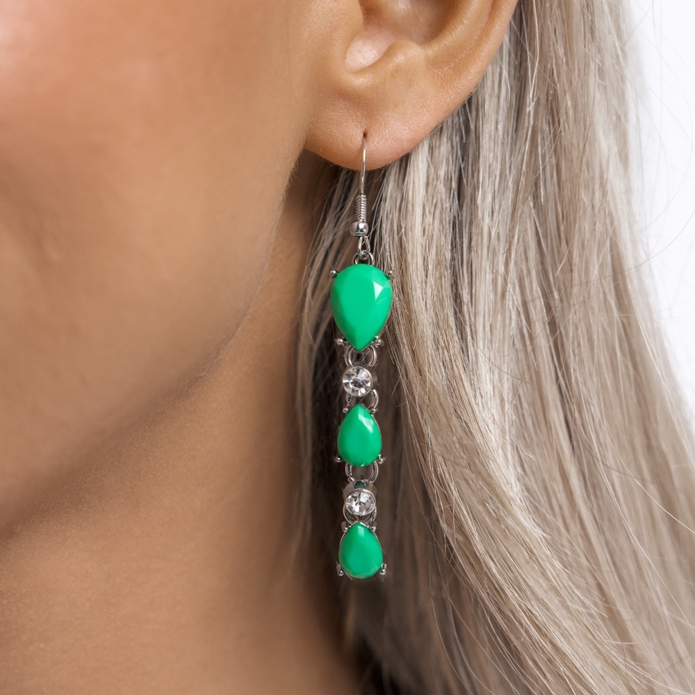 Malibu March Green 💚 Earrings Rhinestones Silver